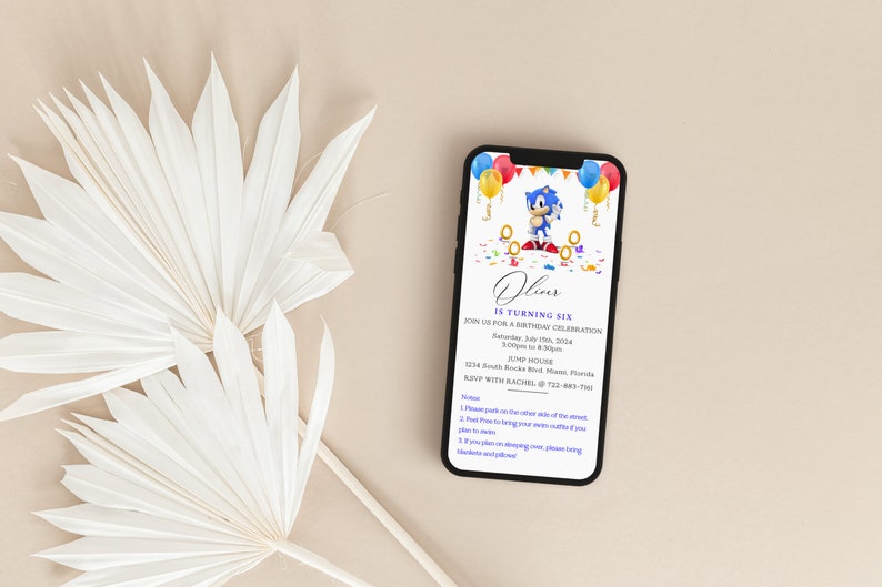 May include: A blue and white Sonic the Hedgehog birthday invitation with colorful balloons and confetti. The invitation says "Oliver is turning six" and includes the date, time, and location of the party. RSVP with Rachel at 722-883-7361.