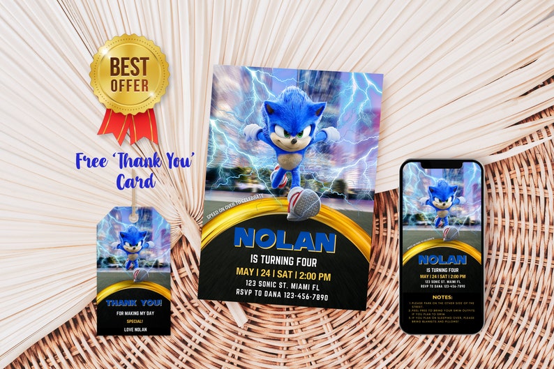 May include: A birthday party invitation set featuring the character Sonic the Hedgehog. The set includes an invitation, a thank you tag, and a phone mockup. The invitation is black and gold with the text "Nolan is turning four".