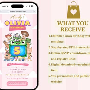 K&ouml;nnte beinhalten: Ein Smartphone zeigt eine rosa Geburtstagseinladungs-Website-Vorlage mit Toy Story-Figuren, dem Text Howdy! OLIVIA IS TURNING 5 und Veranstaltungsdetails. Rechts daneben listet der Text WHAT YOU RECEIVE die Inhalte der digitalen Vorlage auf.