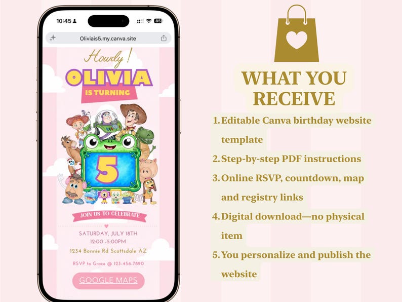 K&ouml;nnte beinhalten: Ein Smartphone zeigt eine rosa Geburtstagseinladungs-Website-Vorlage mit Toy Story-Figuren, dem Text Howdy! OLIVIA IS TURNING 5 und Veranstaltungsdetails. Rechts daneben listet der Text WHAT YOU RECEIVE die Inhalte der digitalen Vorlage auf.