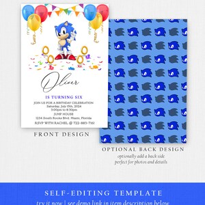 May include: A printable invitation for a birthday party featuring a cartoon character, Sonic the Hedgehog, with a blue background and confetti. The invitation says "Oliver is turning six" and includes details about the party, including the date, time, and location.