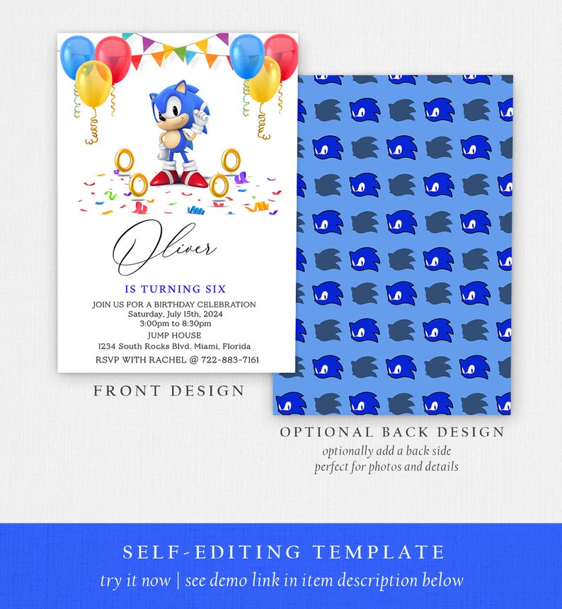 May include: A printable invitation for a birthday party featuring a cartoon character, Sonic the Hedgehog, with a blue background and confetti. The invitation says "Oliver is turning six" and includes details about the party, including the date, time, and location.