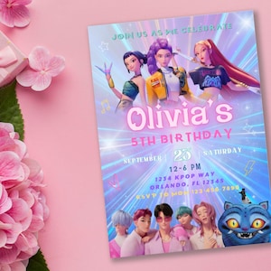 以下が含まれることがあります： K-POPをテーマにした誕生日招待状。招待状には、アニメのキャラクターのイラストと「Olivia's 5th Birthday」の文字が描かれています。日付は9月23日で、時間は12時から18時です。背景は紫と青のグラデーションです。