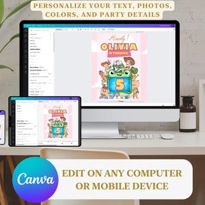 K&ouml;nnte beinhalten: Ein Computermonitor, ein Tablet und ein Smartphone zeigen eine anpassbare digitale Geburtstagseinladungsvorlage mit Zeichentrickfiguren und dem Text Howdy OLIVIA IS TURNING 5. Das Design enth&auml;lt einen gr&uuml;nen Froschrahmen und verschiedene Figuren.