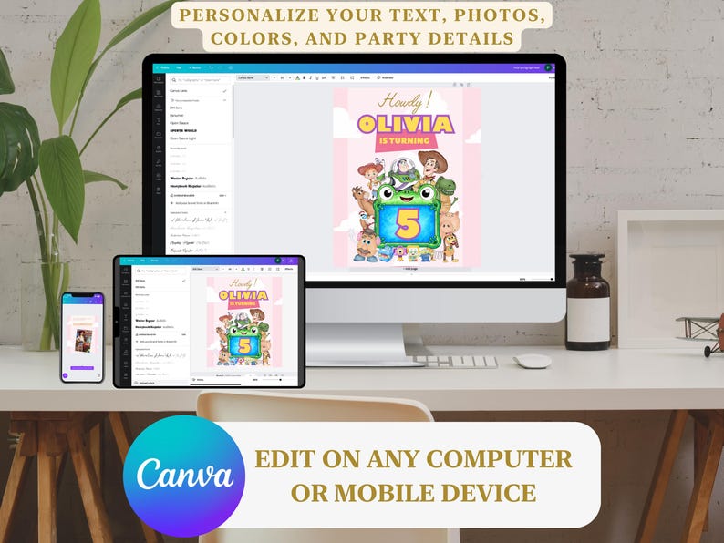 K&ouml;nnte beinhalten: Ein Computermonitor, ein Tablet und ein Smartphone zeigen eine anpassbare digitale Geburtstagseinladungsvorlage mit Zeichentrickfiguren und dem Text Howdy OLIVIA IS TURNING 5. Das Design enth&auml;lt einen gr&uuml;nen Froschrahmen und verschiedene Figuren.