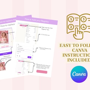 K&ouml;nnte beinhalten: Eine digitale Anleitung f&uuml;r Canva mit zwei wei&szlig;en Seiten und violetten Kopfzeilen mit den Titeln How to replace the photo und How to Add your Registry. Die Anleitung enth&auml;lt nummerierte Schritte, Pfeile und Screenshots des Bearbeitungsvorgangs.