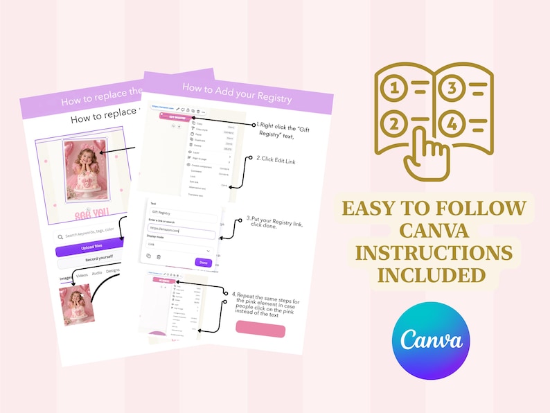 K&ouml;nnte beinhalten: Eine digitale Anleitung f&uuml;r Canva mit zwei wei&szlig;en Seiten und violetten Kopfzeilen mit den Titeln How to replace the photo und How to Add your Registry. Die Anleitung enth&auml;lt nummerierte Schritte, Pfeile und Screenshots des Bearbeitungsvorgangs.