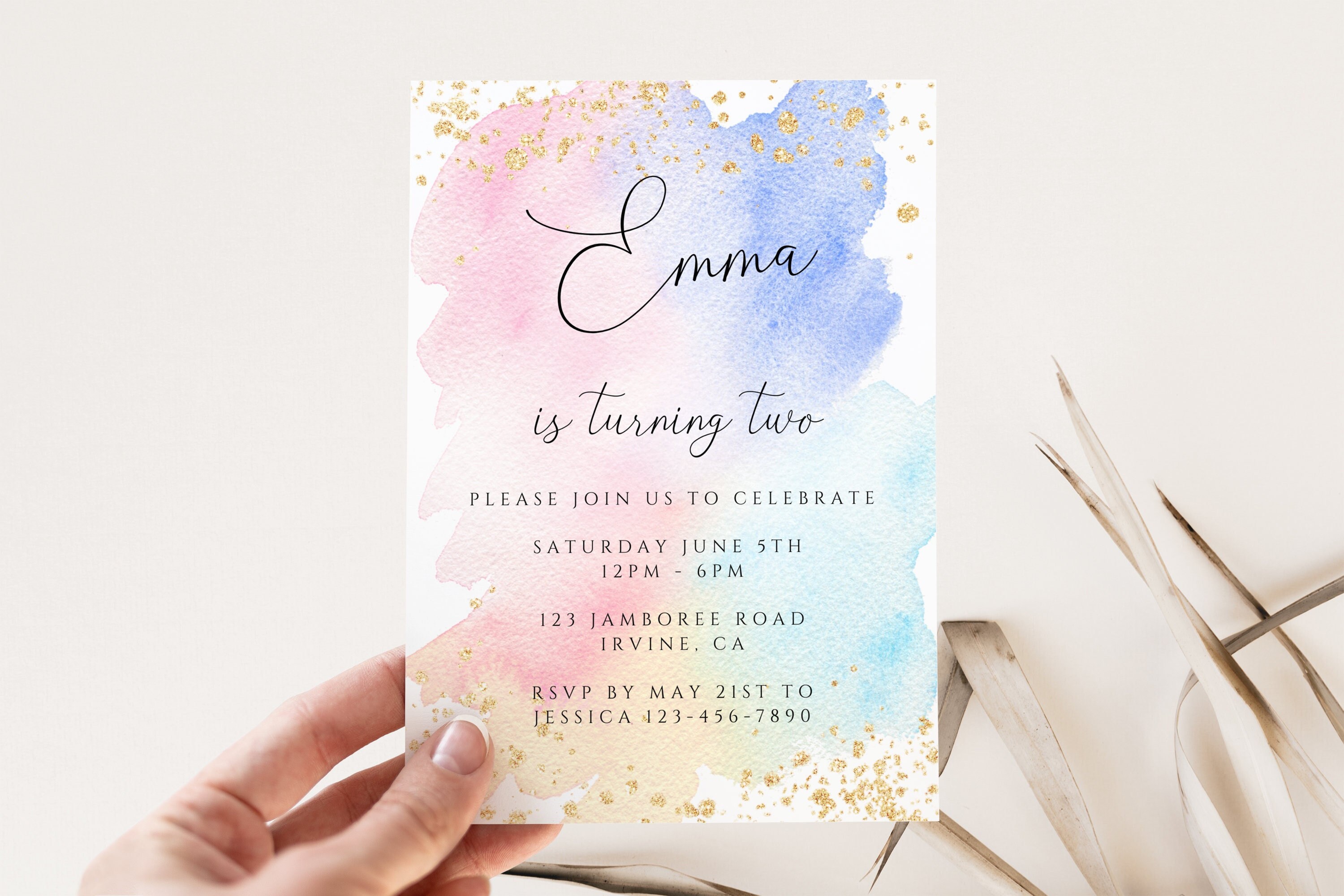 1st Birthday | 2nd Birthday | Pastel Rainbow Birthday Invitation | Colorful Watercolor Gold Glitter Sprinkles | Ombre Pastel Invitation
