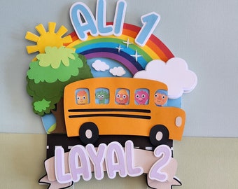 Personalized School Bus Cake Topper: Rainbow Birthday Party Decor
