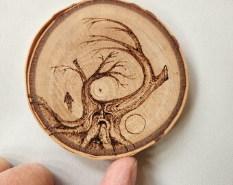 Woodburning Art on a Birch Slice: Dark Stories-Nightmare