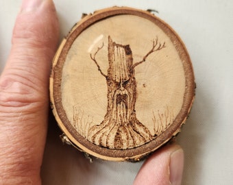 Woodburning Art on a Birch Slice: Dark Stories- Grandma's Stump