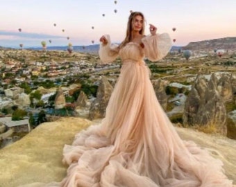 Tulle Dress for Photoshoot with Detachable Sleeves  | Long Train Tulle Gowns for Photoshoot | Tulle Santorini Dress | Tulle Gown