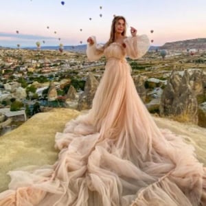 Tulle Dress for Photoshoot with Detachable Sleeves  | Long Train Tulle Gowns for Photoshoot | Tulle Santorini Dress | Tulle Gown