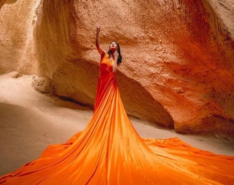 Long Flying Dress | Flying Dress for Photoshoot| Long Train Dress | Convertible Long Train Photoshoot Dress | Orange Flying Gown