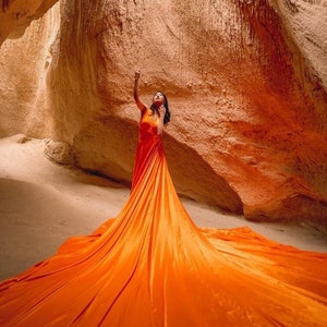 Long Flying Dress | Flying Dress for Photoshoot| Long Train Dress | Convertible Long Train Photoshoot Dress | Orange Flying Gown