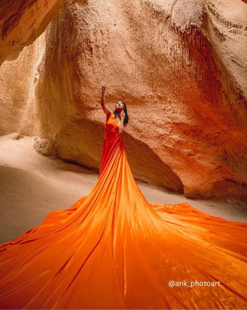 Long Flying Dress | Flying Dress for Photoshoot| Long Train Dress | Convertible Long Train Photoshoot Dress | Orange Flying Gown