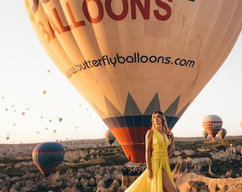 Long Train Photoshoot Dress | Engagement Dress | Long Dress | Yellow Long Satin Flying Dress for Santorini Photoshoots & Memorable Occasions