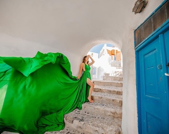 Langes Fliegerkleid mit Doppelschlitz | Fotoshooting Kleid | Verlobungskleid | Santorini Flying Dress | Geschenk für Sie | Fließendes Kleid für Fotoshooting