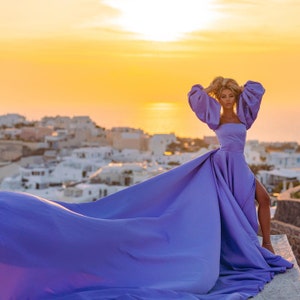 Santorini Photoshoot Dress | Corset Style Flowy Long Train Photoshoot Dress with Detachable Sleeves | Satin Flying Dress