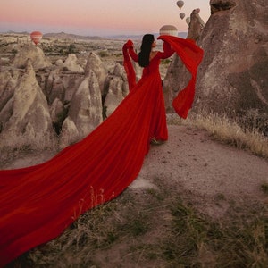 Chiffon Long Flying Dress | Flying Dress for Photoshoot with Flared Sleeves | Long Flying Dress | Santorini Dress