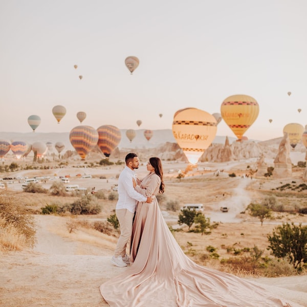 Full Sleeves Satin Flying Dress  | Satin Long Train Dress | Santorini Photoshoot Dress | Photo Shoot Gowns & Dresses