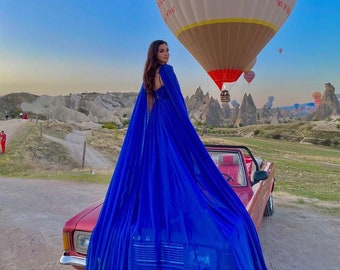 Cape Sleeves Long Flying Dress | Flying Dress for Photoshoot| Long Train Dress | Photoshoot Dress | Flowy Dress | Santorini Flying Dress