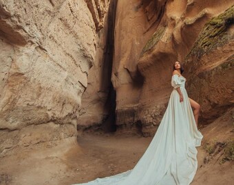 White Satin Flying Dress Engagement Dress | Satin Long Train Dress | Santorini Photoshoot Dress | Photo Shoot Gowns & Dresses