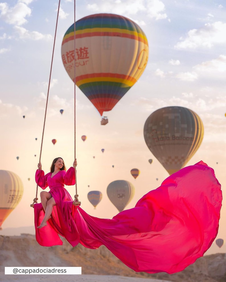 Full Sleeves Flying Dress for Photoshoot | Satin Flying Dress | Long Train Photoshoot Dress | Flowy Dress |  Santorini Flying Dress