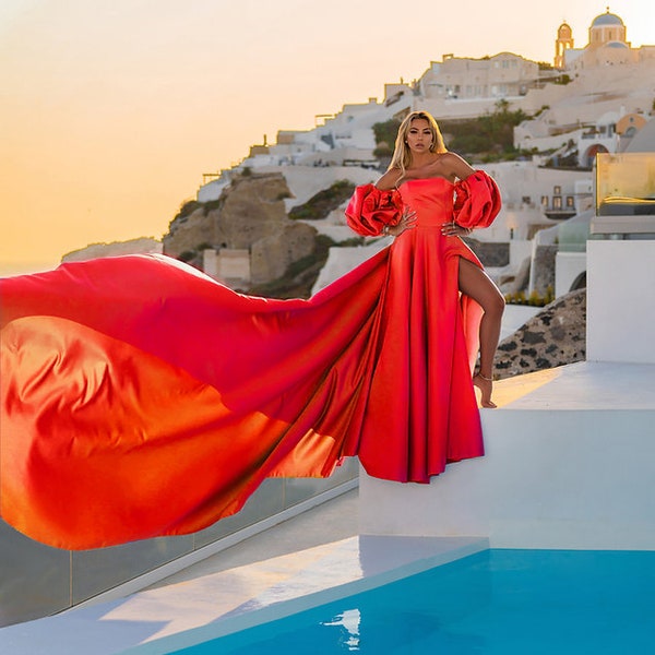 Santorini Photoshoot Dress | Corset Style Flowy Long Train Photoshoot Dress with Puffed Sleeves | Satin Flying Dress | Flowy Dress