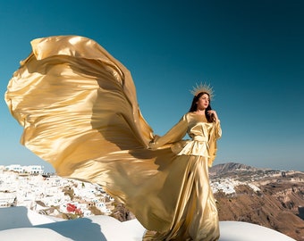 Santorini Flying Dress für Fotoshooting | Satin Fliegen Kleid | Lange Schleppe Fotoshooting Kleid | Langes Fliegendes Kleid|Verlobungskleid für Fotoshooting