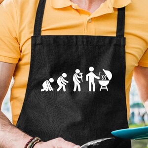 May include: Black apron with a white graphic depicting the evolution of grilling. The apron is worn by a person holding tongs and a blue plate. The person is wearing a yellow polo shirt.