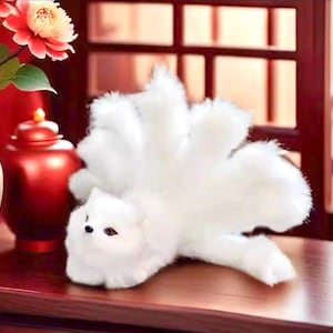 8in Handmade Faux Fur White Fox Spirit Soft Realistic Animal Ninetails Kitsune Stuff Animal Fairy Fae Cute Gift Decoration Mythical Tailed
