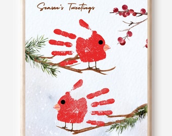 Handafdruk kardinaal, handafdruk seizoenen Tweetings, handafdruk kerstmis, handafdruk kerstkardinaal, kinderdagverblijf Kerstmis, handafdruk roodborstje