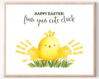 Easter chick handprint art, Happy Easter handprint, Easter chick printable, Chick template craft, Easter chick craft, Spring handprint