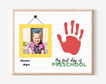 Handafdruk fotolijstje eerste dag kleuterschool, afdrukbare handafdruk terug naar school, handafdruk eerste dag PreK, handafdruk eerste dag