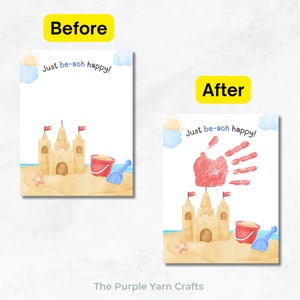 K&ouml;nnte beinhalten: Eine druckbare Karte mit einer Aquarell-Illustration eines Sandkastens, eines Eimers und einer Schaufel sowie eines Seesterns. Der Text "Just be-ach happy!" ist in Blau und Schwarz geschrieben. Die Karte ist ein Vorher-Nachher-Bild, das auf dem Nachher-Bild einen Handabdruck in Rot zeigt.