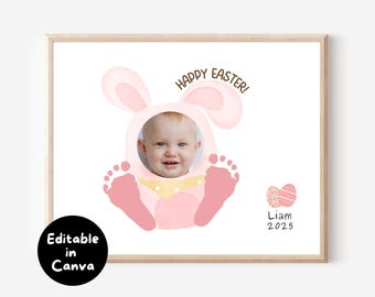 Editable Easter Bunny Photo footprint, Bunny baby footprint, Easter footprint baby art, Easter Canva template, Baby's First Easter keepsake