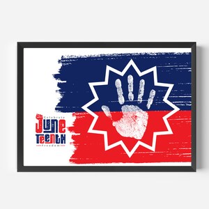 May include: A framed print featuring a stylized Juneteenth design. The artwork includes a blue and red brushstroke background, a white starburst with a handprint, and the words "Celebrate Juneteenth Freedom."
