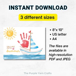 Sailing Into Summer Handprint art, Sailboat handprint, Baby toddler handprint, Daycare printable, DIY Summer craft, Summer camp art image 2