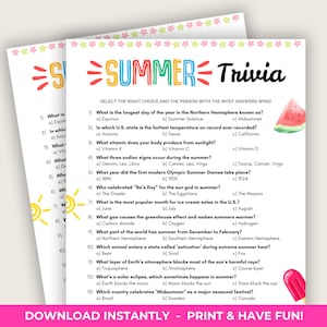 Summer Trivia Game, Summer party game,Family games,Summer quiz,Printable summer game, Summer activity for adults and kids,Questions for kids