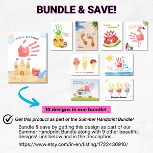 K&ouml;nnte beinhalten: Ein B&uuml;ndel mit 10 druckbaren Handabdruck-Kunstdesigns f&uuml;r Kinder. Die Designs zeigen Sommerthemen wie Eiscreme, Eis am Stiel, Wassermelone und eine Strandszene. Der Text auf dem Bild lautet "Bundle & Save!" und "10 designs in one bundle!" Holen Sie sich dieses Produkt als Teil des Summer Handprint Bundle! B&uuml;ndeln Sie und sparen Sie, indem Sie dieses Design als Teil unseres Summer Handprint Bundle zusammen mit 9 weiteren wundersch&ouml;nen Designs erhalten! Link unten und in der Beschreibung. https://www.etsy.com/in-en/listing/1722430910/
