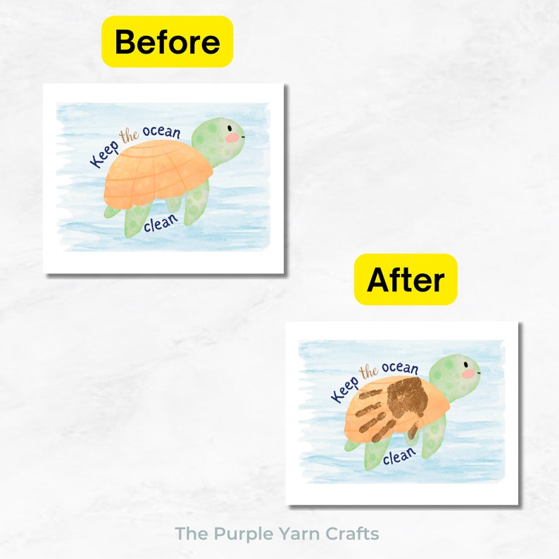 May include: Before and after image showing a handprint art project. A green and orange turtle with the text "Keep the ocean clean" is shown. The before image shows the turtle with a solid orange shell. The after image shows the turtle with a brown handprint on the shell.
