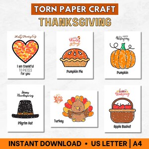 Carta strappata per il Ringraziamento, artigianato del Ringraziamento, carta strappata del tacchino, artigianato del taglio e incollaggio, carta strappata della zucca, artigianato del Ringraziamento, taglio e incolla