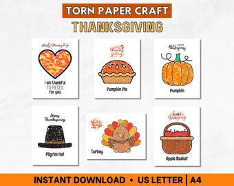 Torn Paper Craft Thanksgiving, Thanksgiving craft, Turkey Torn Paper, Cut and Paste Craft, Pumpkin Torn Paper, Thanksgiving Cut and Glue