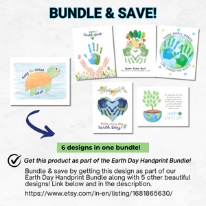 May include: A digital download of 6 printable Earth Day handprint art designs. The designs feature a turtle, a heart, a tree, and handprints. The text "Keep the ocean clean", "Happy Earth Day", "Make every day Earth Day!" and "These small hands can change the world" are included in the designs.