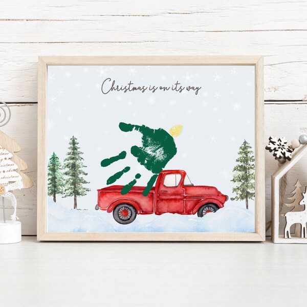 Christmas handprint art, Christmas tree truck, Red truck craft, Christmas Kids Craft, Baby First Christmas, preschool Christmas printables