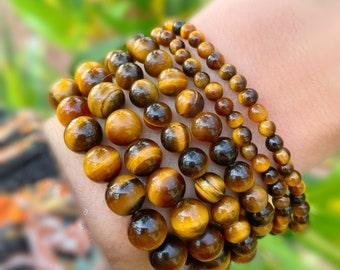 Natural Tiger’s Eye Crystal Beaded Bracelet, June Birthstone, Gemstone Healing, Crystal Elastic Bracelet, Brown, Gold, 8mm, 6mm, 4mm