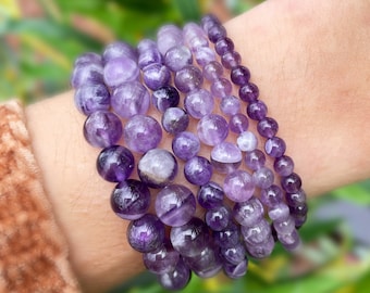 Natural Amethyst Purple Crystal Healing Bracelet, February Birthstone, Healing, Crystal Elastic Bracelet, 8mm, 6mm, 4mm