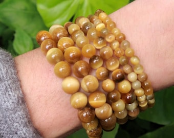 Natural Golden Tiger’s Eye Gemstone Healing Bracelet, Crystal Elastic Bracelet, Brown, Gold, 8mm, 6mm, 4mm