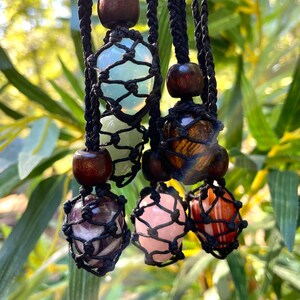 Interchangeable Crystal Pouch Necklace, Adjustable, Macrame, Gemstone Holder, Net, Black, Crystals Cage